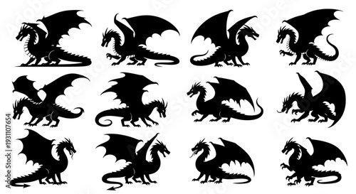 Dragon Silhouettes Collection: Mythical Creatures in Various Poses