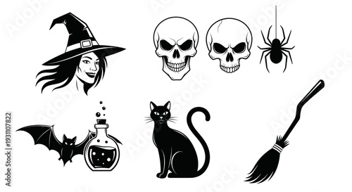 Halloween Icons: Witch, Skulls, Spider, Bat, Potion, Black Cat, Broomstick