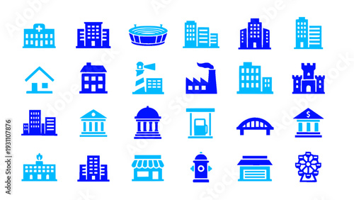Modern blue city buildings and architecture icon set in flat style. Collection includes urban structures, offices, factories, towers, houses, and public facilities.