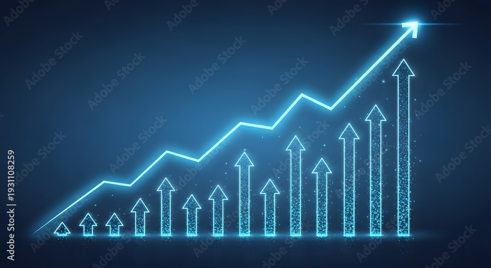 Naklejka premium A glowing blue graph with an upward trend and increasing arrow sizes.