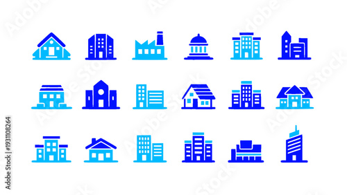 Comprehensive city infrastructure and architecture icon pack in clean flat design. Includes residential homes, office buildings, factories, and municipal structures.
