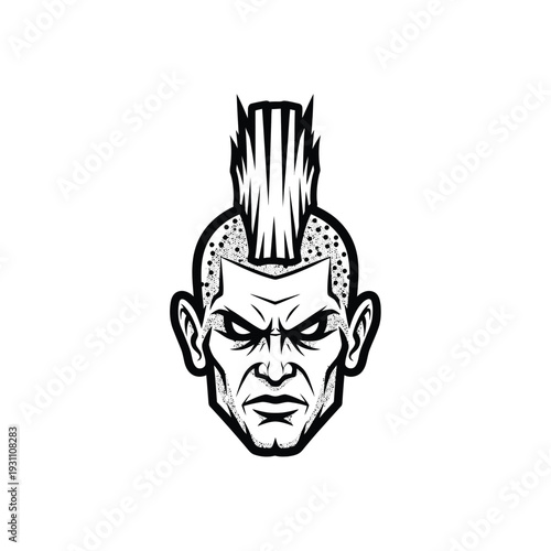 Edgy Mohawk Man Head Illustration for Mascot or Logo Design - Black and White Vector Art