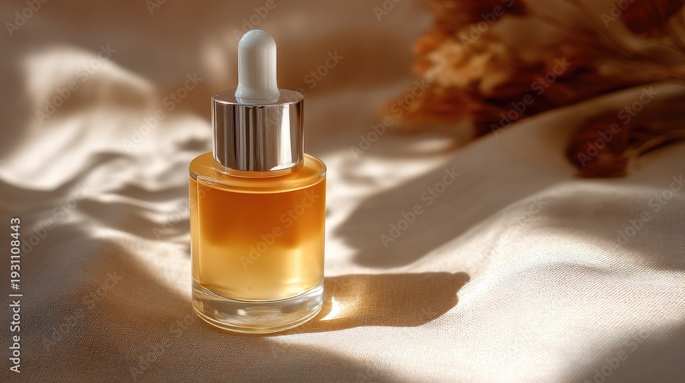 Naklejka premium Elegant Glass Dropper Bottle with Amber Oil on Soft Fabric Surface in Warm Lighting