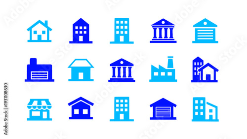 Flat design government and public building icons in blue tones. Set includes courthouse, bank, school, library, city hall, and residential buildings.