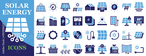 Solar energy and solar panel icon set flat editable 2 color solid vector illustration for renewable power ecology environment website mobile app and UI design projects
