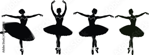 Ballerina Silhouettes Collection Graceful Ballet Dance Poses, Cad Drawing Flat Vector Illustration of Classical Dancer Isolated Background