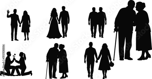 Couple Silhouettes Collection Romantic Proposal and Elderly Walking, Cad Drawing Flat Vector Illustration of Love Relationship Isolated Background