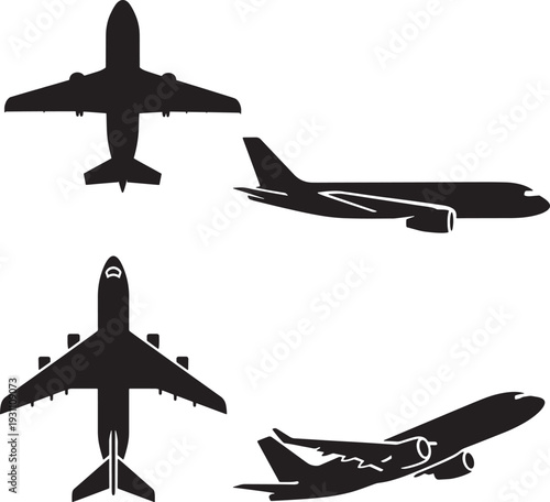Set of four airplane silhouettes in different views
