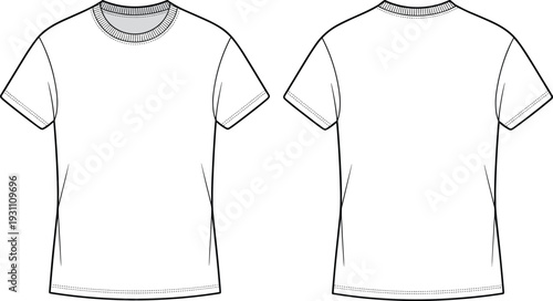 Blank t shirt template, front and back view, cad drawing flat vector illustration for apparel mockup design isolated on background