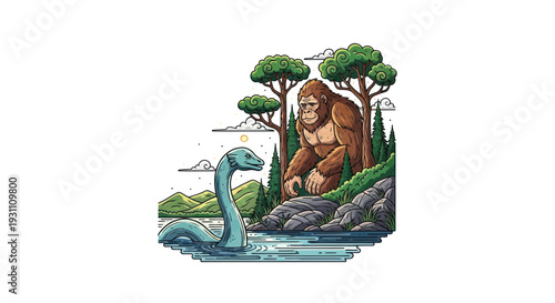 Bigfoot Meets Loch Ness Monster in Pixel Art Forest Scene