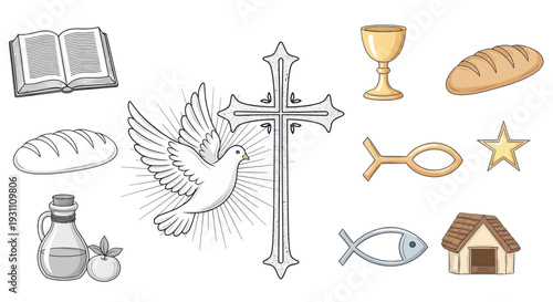 Christian Symbols: Cross, Dove, Bible, Bread, Fish, Chalice, Oil, Star