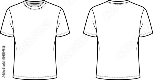 Classic crew neck t shirt front and back view outline template, blank apparel mockup cad drawing flat vector illustration