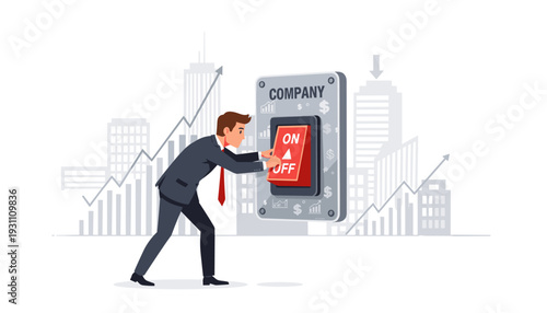 Businessman Pushing Large Red Switch to Off Position Representing Company Closure, Bankruptcy, and Financial Crisis during Economic Downturn with City Skyline and Growth Charts Background.