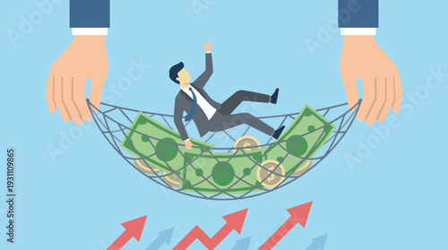 Businessman Falling into a Financial Safety Net Filled with Money Banknotes and Coins Held by Large Hands, Concept of Business Rescue, Economic Support, Budget Saving, and Investment Protection
