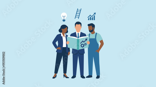 Business leadership and professional growth concept with diverse team of office workers and manual laborer reading a success manual together with lightbulb, ladder, and growth chart icons. Vector.