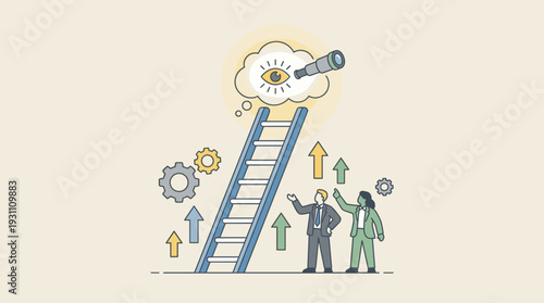 Business Leadership and Visionary Strategy Concept with Ladder Leading to a Telescope and Eye for Foresight, Professional Team Planning for Growth, Success, and Career Progress Vector Illustration