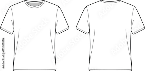 Classic t shirt front and back view outline template, blank apparel mockup cad drawing flat vector illustration