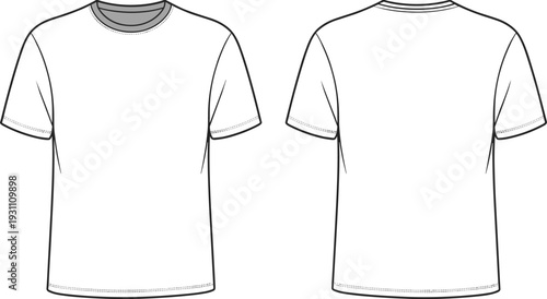 Basic crew neck t shirt front and back view outline template, blank apparel mockup cad drawing flat vector illustration