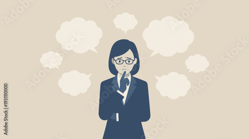 Businesswoman in a suit and glasses thinking deeply with finger to chin, surrounded by empty thought bubbles, depicting stress, worry, anxiety, decision making, and mental overload in the office.