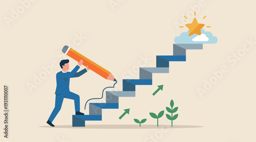 Businessman Drawing a Staircase to Success with a Giant Pencil, Concept of Career Growth, Goal Achievement, Personal Development, Leadership, and Planning for Future Progress and Ambition.