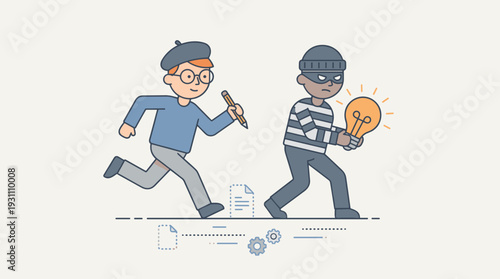 Artist Chasing Robber with Lightbulb Symbolizing Idea Theft, Concept of Plagiarism, Intellectual Property Infringement, Stealing Innovation, and Protecting Creative Rights Vector Illustration.
