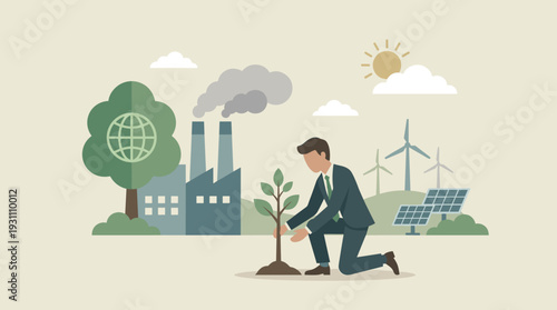 Corporate social responsibility concept with a businessman planting a tree near a polluting factory, wind turbines, and solar panels to promote environmental sustainability and green energy.