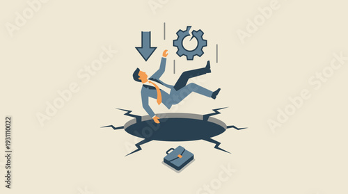Businessman Falling into a Deep Hole with Broken Gear and Downward Arrow Symbolizing Business Failure, Economic Crisis, Financial Risk, Bankruptcy, and Professional Mistake Concept Illustration.