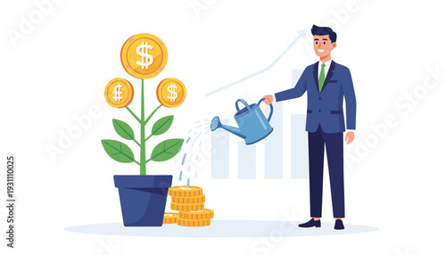 Businessman watering a money plant with dollar coins, symbolizing financial growth, investment success, wealth accumulation, and profitable business strategy in a modern flat vector illustration.
