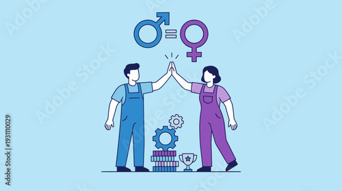 Gender Equality Concept Illustration with Man and Woman Giving High Five, Male and Female Symbols with Equal Sign, Equal Pay and Success in Workplace, Social Justice and Human Rights Vector