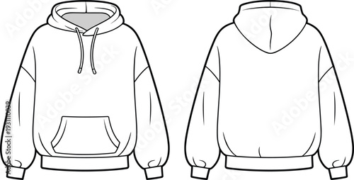 Front and back view hoodie sweatshirt outline, blank casual apparel mockup template, cad drawing flat vector illustration