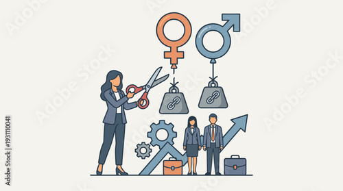 Businesswoman cutting the rope of a female gender symbol balloon from a heavy weight with scissors, representing gender equality, freedom, breaking barriers, and professional career growth.