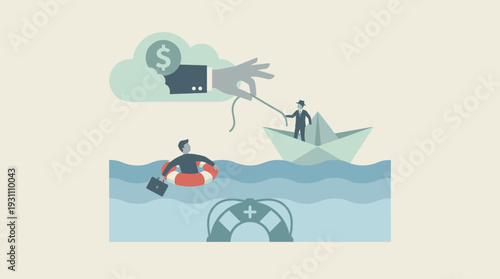 Government Bailout and Financial Rescue Concept Illustration with Businessman on Paper Boat Being Pulled by a Hand from a Dollar Cloud While Another Man Struggles in Water with Life Preserver.
