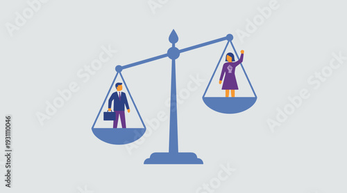 Gender Inequality Concept Illustration with a Man and Woman on Scales of Justice, Representing Social Injustice, Feminism, Wage Gap, and the Struggle for Equal Rights in a Flat Vector Style.