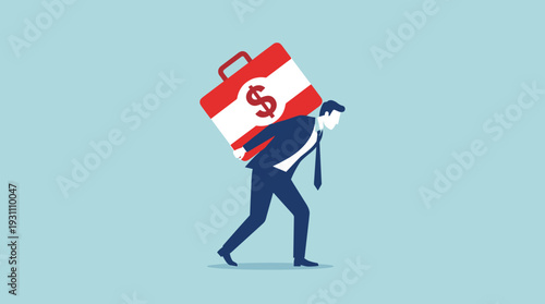 Businessman Carrying a Heavy Medical First Aid Kit with a Dollar Sign on His Back, Representing High Healthcare Costs, Medical Insurance Expenses, Financial Burden, and Economic Stress Concept