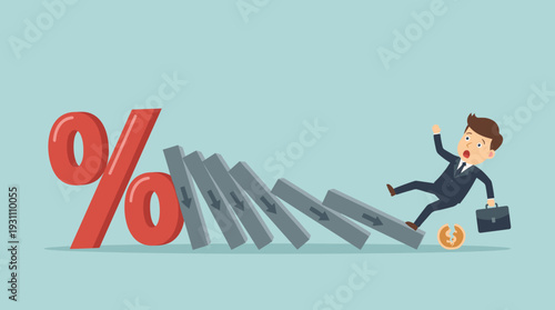 Businessman falling as large percentage sign causes domino effect on financial blocks, representing interest rate hikes, inflation impact, economic crisis, and investment market risk concept.