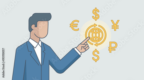 Businessman in a suit pointing at a glowing golden globe surrounded by international currency symbols like dollar, euro, yen, and ruble; concept of global economy, trade, and investment.