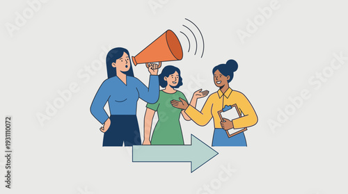 Diverse Women Shouting on Megaphone and Holding Clipboard for Recruitment, Hiring, and Job Vacancy Announcement, Join Our Team Vector Illustration Concept in Simple Flat Graphic Style.