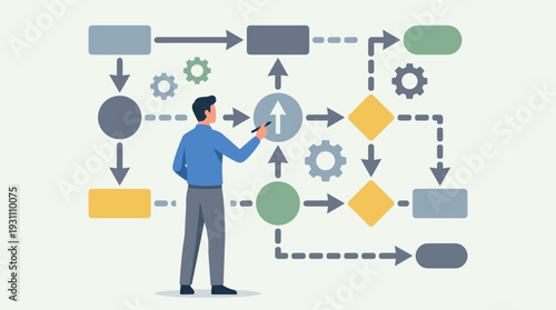 Businessman Managing Complex Workflow Process Chart and Strategic Planning Diagram for Business Optimization, Project Management, System Logic, and Corporate Efficiency Improvement Illustration