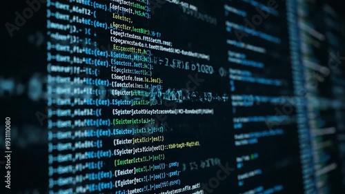 Close-up of lines of green and blue computer code on a dark screen, blurred focus