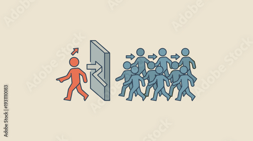 Concept of Standing Out from the Crowd and Leadership with a Red Individual Moving in the Opposite Direction Against the Flow of a Group of People Overcoming Obstacles and Barriers Illustration