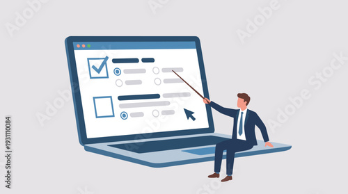 Businessman sitting on a giant laptop pointing at an online questionnaire with a stick. Concept of digital survey, e-learning, recruitment test, feedback form, and internet examination process.