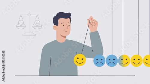Man with smiley face pendulum hitting sad faces to make them happy, concept of positive thinking, emotional intelligence, mental health balance, optimism, and spreading happiness to others.