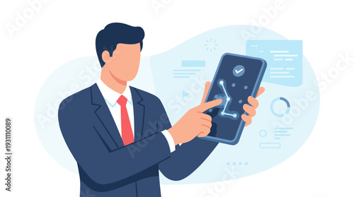 Businessman in a professional suit entering a pattern unlock passcode on his smartphone screen. Concept of mobile security, data protection, and digital privacy in a flat vector illustration style.