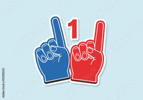 Two foam fingers, one blue and one red, pointing up with a number one between them, symbolizing victory or being number one.