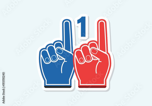 Two foam fingers, one blue and one red, both showing the number one, symbolizing competition or support.
