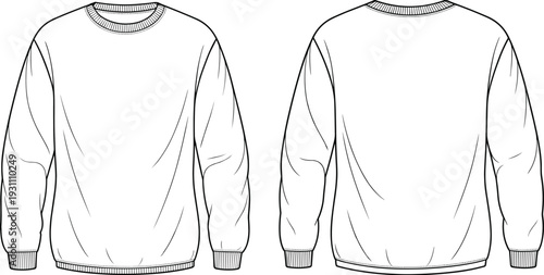 Men long sleeve crew neck sweater front and back outline template, casual knitwear apparel cad drawing flat vector illustration