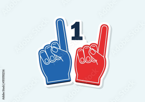 Two foam fingers, one blue and one red, both pointing up with the index finger, symbolizing number one or first place, with a large digit '1' between them.