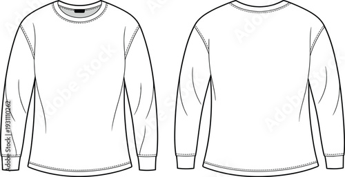 Men long sleeve crew neck sweatshirt front and back outline template, casual apparel technical cad drawing flat vector illustration