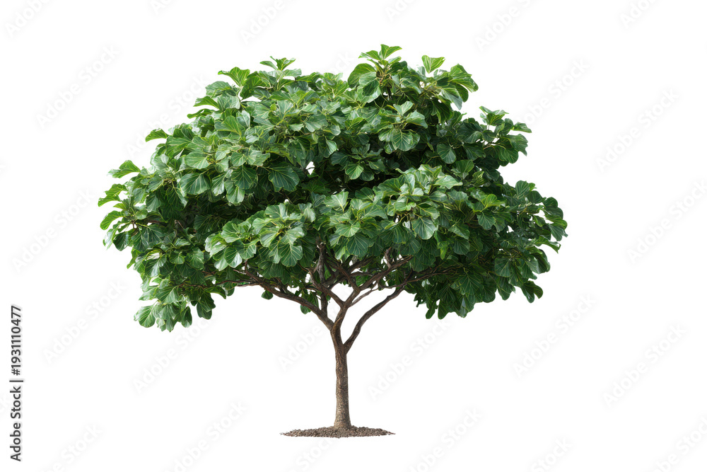 Obraz premium Lush green tree with broad leaves and brown trunk on black background foliage plant
