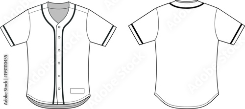 Men short sleeve baseball jersey front and back technical outline template, button down sports uniform cad drawing flat vector illustration